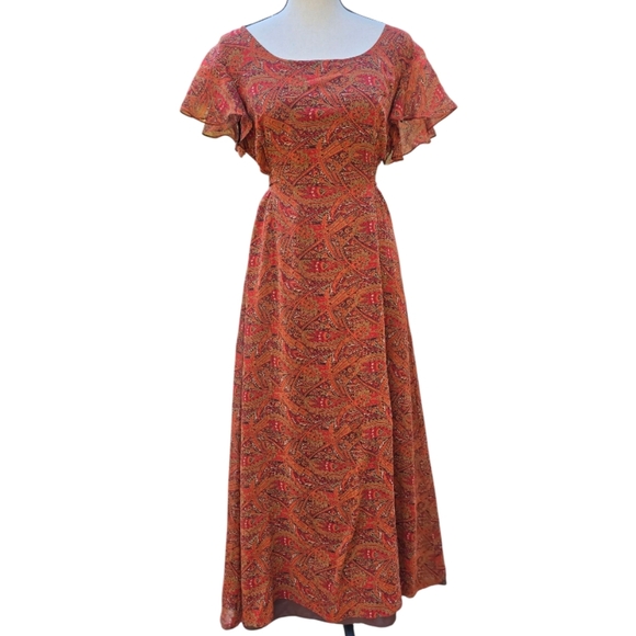 Vintage Paisley Burnt Orange Patterned Maxi Fluttersleeved Dress - Picture 1 of 10